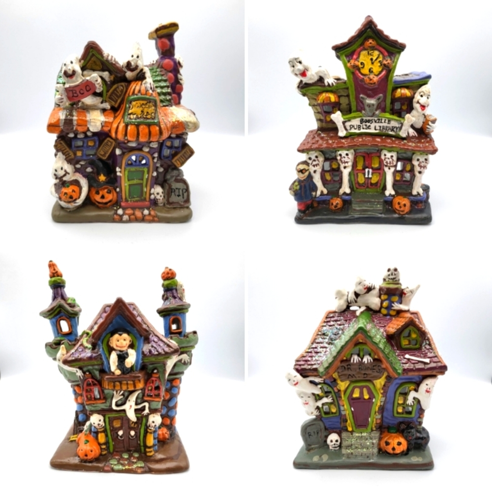 SET of 4 Vintage Ceramic Haunted House Tea Light Holders in Original Boxes